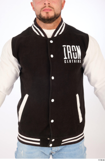 Duncan black white varsity jacket casual dressed upper body 0001.jpg